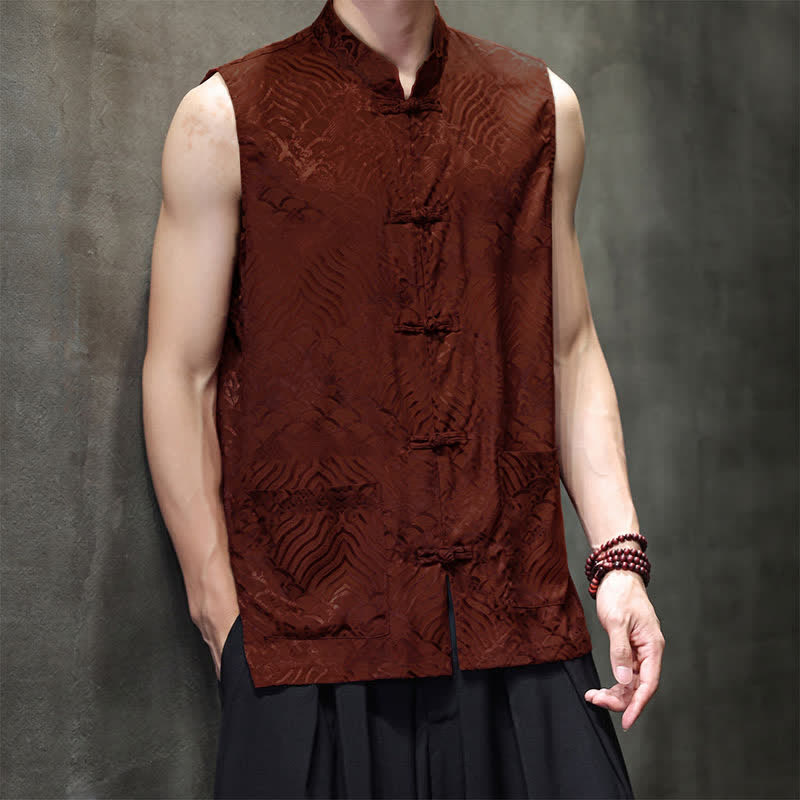 Buddha Stones Summer Tang Style Mandarin Collar Frog Button Abstract Ocean Waves Tank Top Men's Sleeveless Shirts With Pocket - image 11