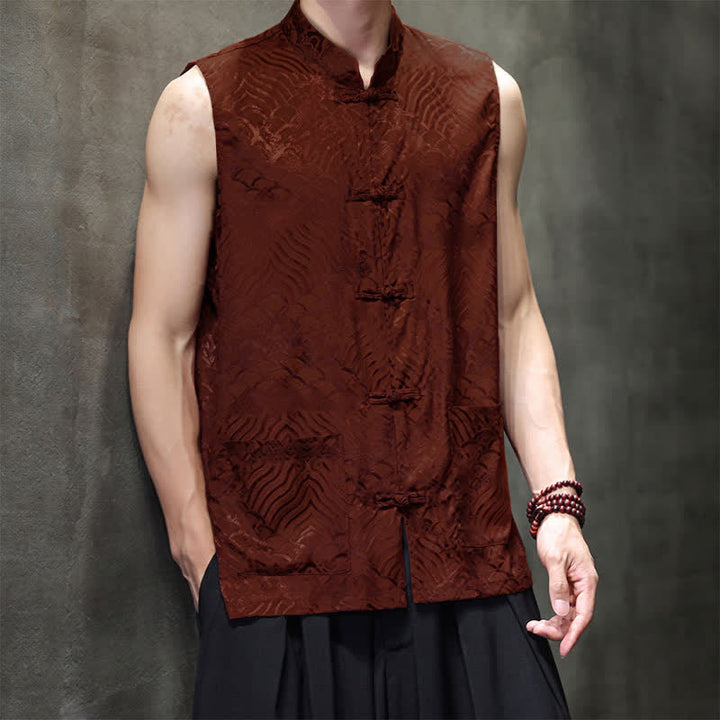 Buddha Stones Summer Tang Style Mandarin Collar Frog Button Abstract Ocean Waves Tank Top Men's Sleeveless Shirts With Pocket - image 11