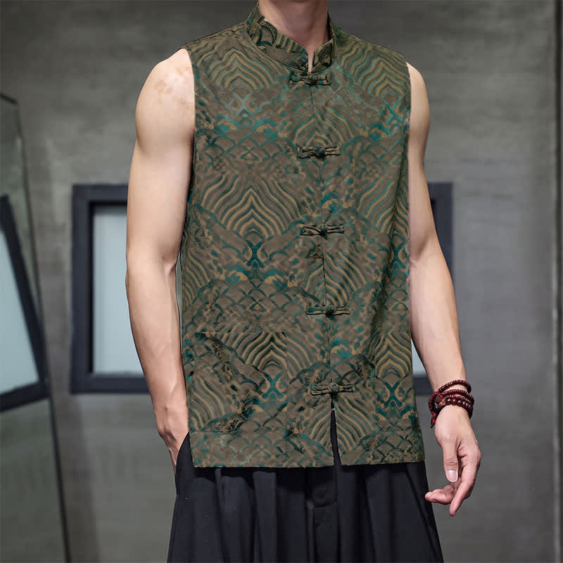 Buddha Stones Summer Tang Style Mandarin Collar Frog Button Abstract Ocean Waves Tank Top Men's Sleeveless Shirts With Pocket - image 1