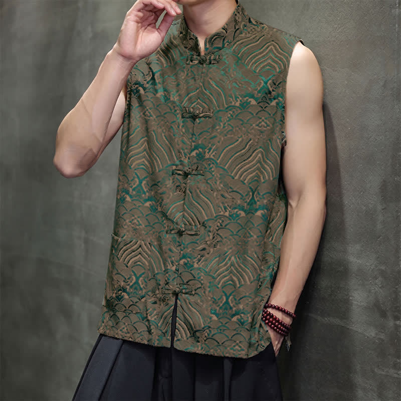 Buddha Stones Summer Tang Style Mandarin Collar Frog Button Abstract Ocean Waves Tank Top Men's Sleeveless Shirts With Pocket - image 2