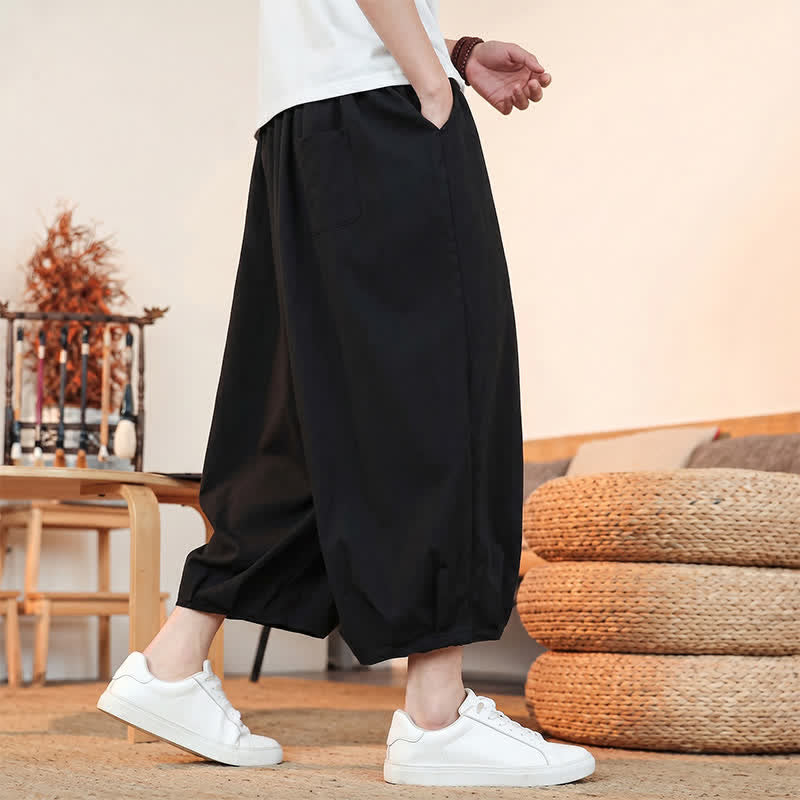 Buddha Stones Spring Summer Casual Minimalist Drawstring Solid Capri Pants Men's Harem Pants With Pocket - image 16
