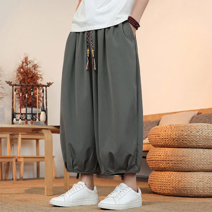 Buddha Stones Spring Summer Casual Minimalist Drawstring Solid Capri Pants Men's Harem Pants With Pocket - image 7