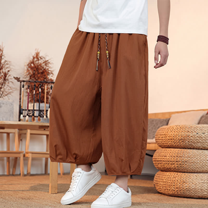 Buddha Stones Spring Summer Casual Minimalist Drawstring Solid Capri Pants Men's Harem Pants With Pocket - image 26