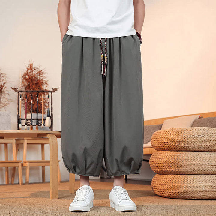 Buddha Stones Spring Summer Casual Minimalist Drawstring Solid Capri Pants Men's Harem Pants With Pocket - image 1