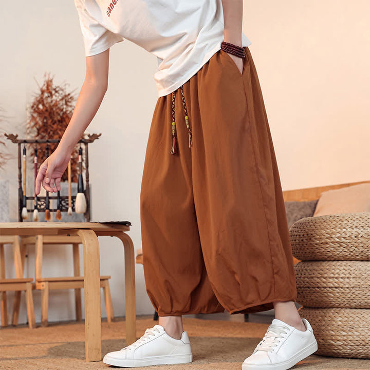 Buddha Stones Spring Summer Casual Minimalist Drawstring Solid Capri Pants Men's Harem Pants With Pocket - image 27