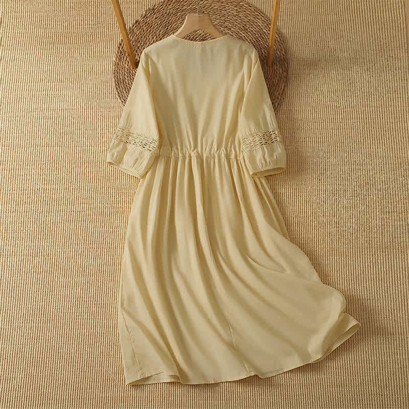 Buddha Stones 2Pcs Summer Casual Boho Solid Crew Neck Women's Elbow-Length Sleeve Dress With Pocket - image 1