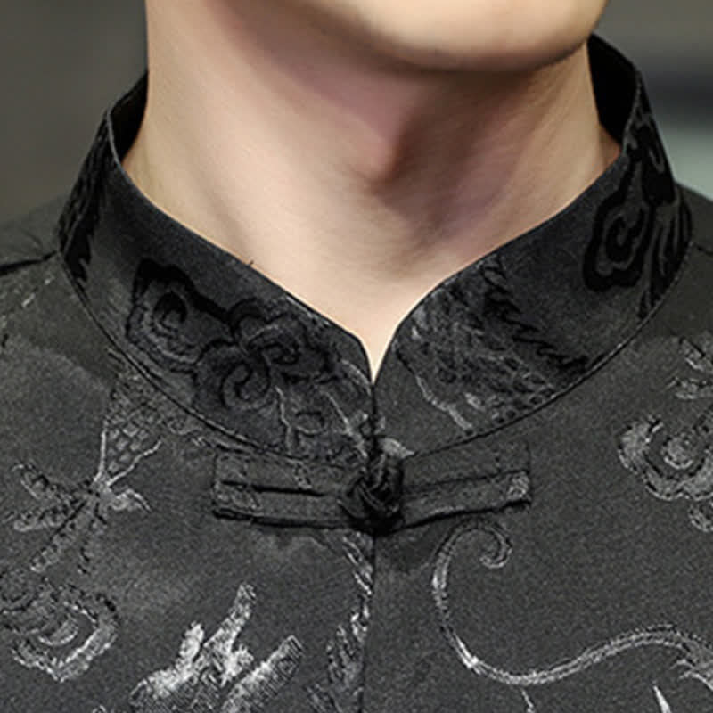 Buddha Stones Summer Tang Style Mandarin Collar Frog Button Dragon Pattern Men's Short Sleeve Shirts With Pocket - image 15