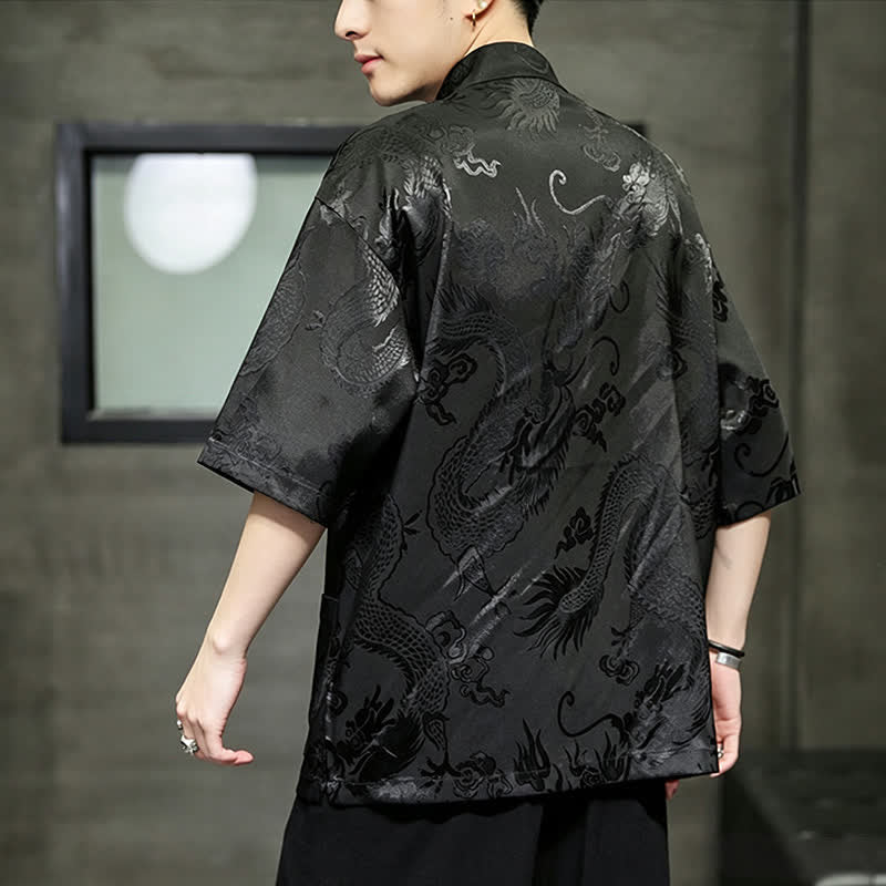 Buddha Stones Summer Tang Style Mandarin Collar Frog Button Dragon Pattern Men's Short Sleeve Shirts With Pocket - image 13