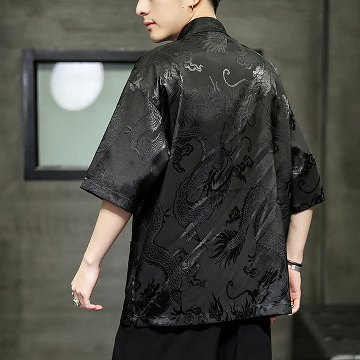 Buddha Stones Summer Tang Style Mandarin Collar Frog Button Dragon Pattern Men's Short Sleeve Shirts With Pocket - image 13