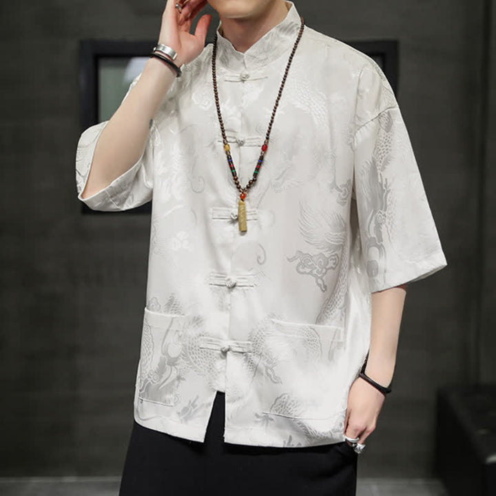 Buddha Stones Summer Tang Style Mandarin Collar Frog Button Dragon Pattern Men's Short Sleeve Shirts With Pocket - image 7