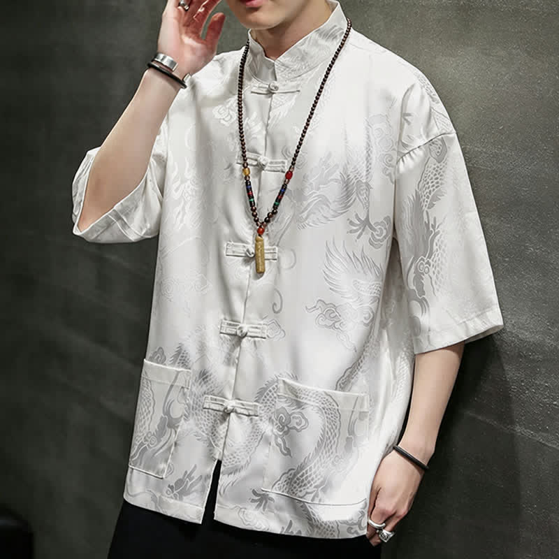 Buddha Stones Summer Tang Style Mandarin Collar Frog Button Dragon Pattern Men's Short Sleeve Shirts With Pocket - image 5