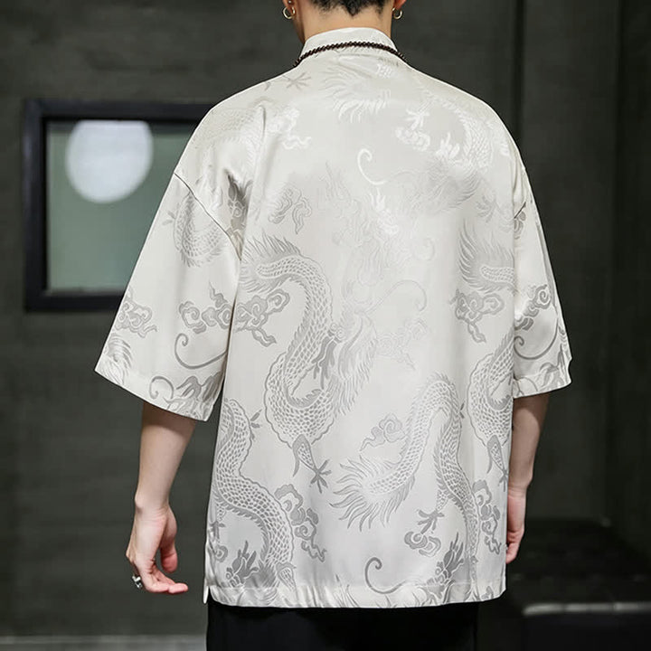 Buddha Stones Summer Tang Style Mandarin Collar Frog Button Dragon Pattern Men's Short Sleeve Shirts With Pocket - image 4
