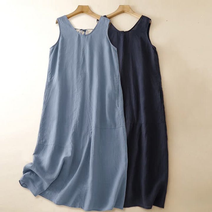 Buddha Stones Summer Casual Minimalist Solid Crew Neck Women's Summer Sleeveless Dress With Pocket - image 17