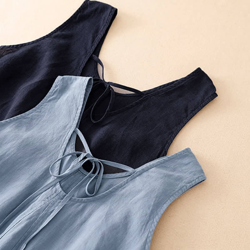 Buddha Stones Summer Casual Minimalist Solid Crew Neck Women's Summer Sleeveless Dress With Pocket - image 19