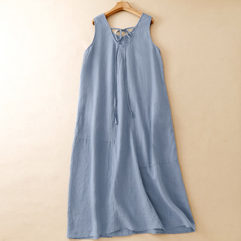 Buddha Stones Summer Casual Minimalist Solid Crew Neck Women's Summer Sleeveless Dress With Pocket - image 1