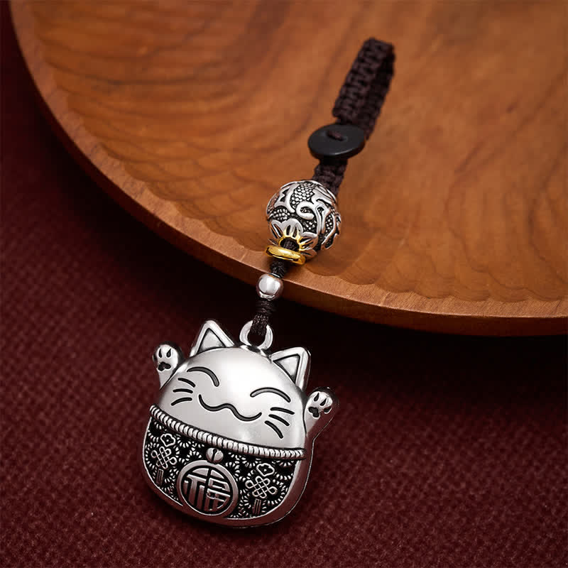 Buddha Stones Engraved Copper Fu Character Lucky Cat Braided Balance Keychains - Silvery Lucky Cat - image 0
