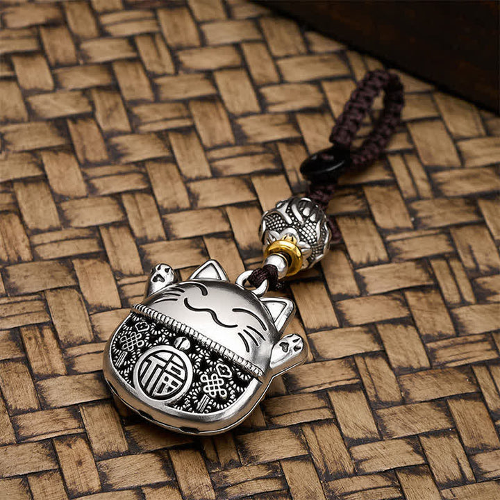 Buddha Stones Engraved Copper Fu Character Lucky Cat Braided Balance Keychains - image 4