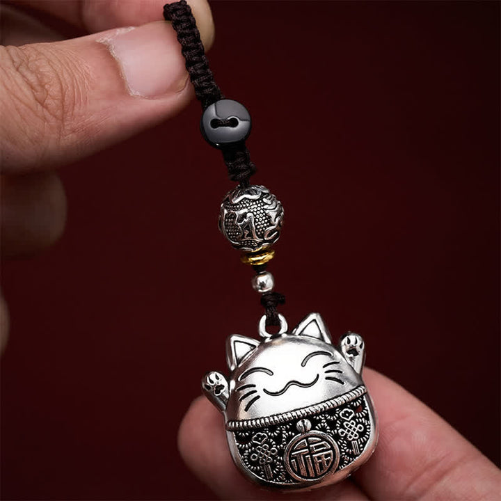Buddha Stones Engraved Copper Fu Character Lucky Cat Braided Balance Keychains - image 8