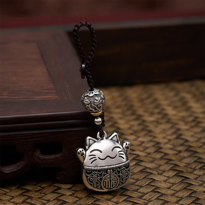 Buddha Stones Engraved Copper Fu Character Lucky Cat Braided Balance Keychains - image 3
