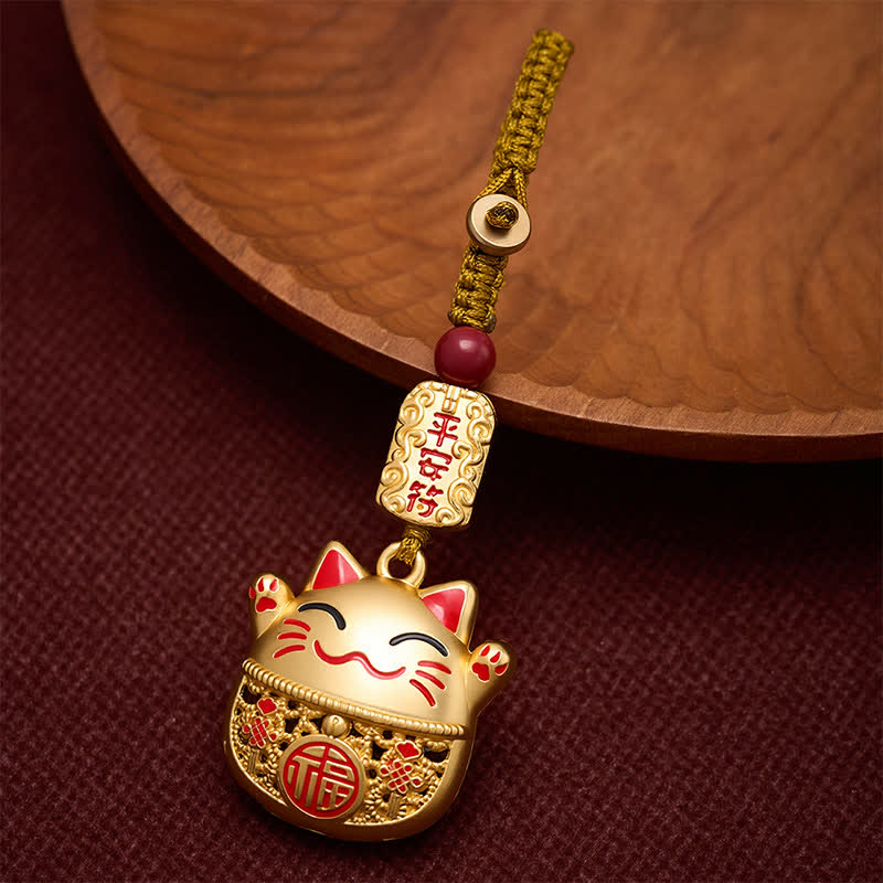Buddha Stones Engraved Copper Fu Character Lucky Cat Braided Balance Keychains - Gold Lucky Cat - image 9