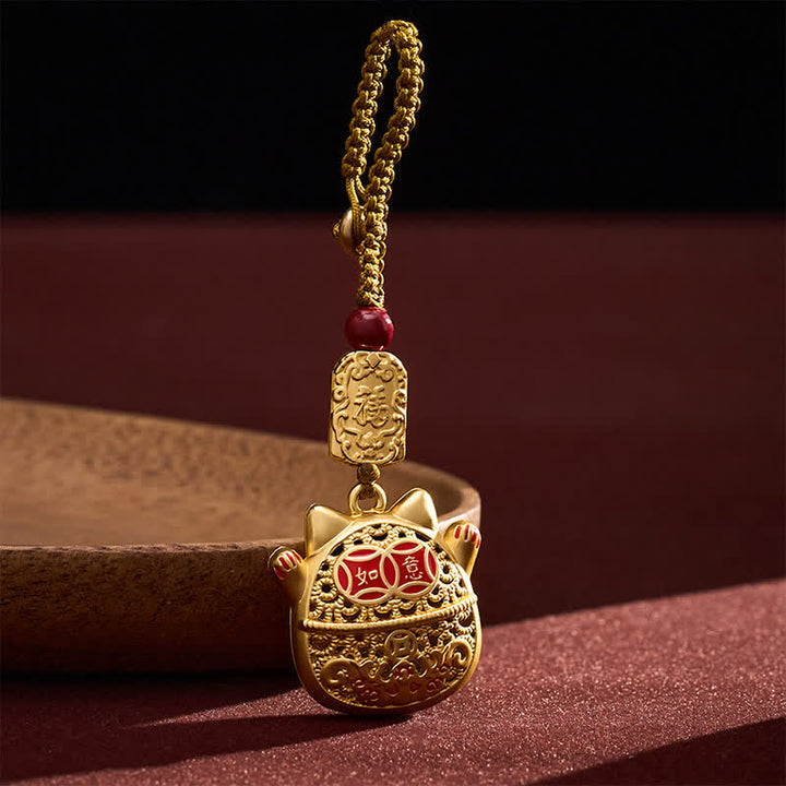 Buddha Stones Engraved Copper Fu Character Lucky Cat Braided Balance Keychains - image 11
