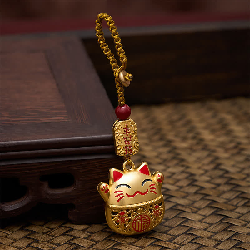 Buddha Stones Engraved Copper Fu Character Lucky Cat Braided Balance Keychains - image 12