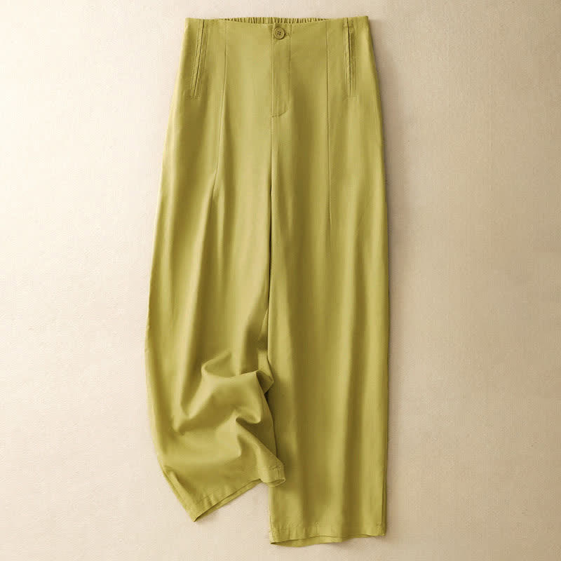 Buddha Stones Summer Minimalist Button-Up High Waist Solid Linen Women's Harem Pants With Pockets  - khaki - US12，UK/AU16，EU44 (3XL) - image 0