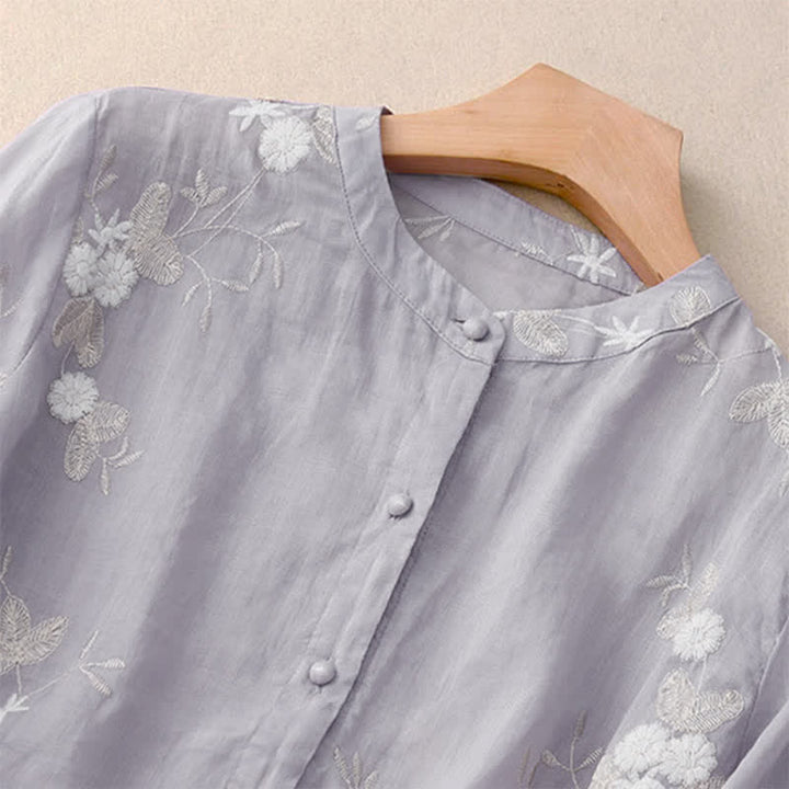 Buddha Stones Casual Embroidered Petals Spliced Women's Crew Neck Design Half Sleeve Shirt - image 1