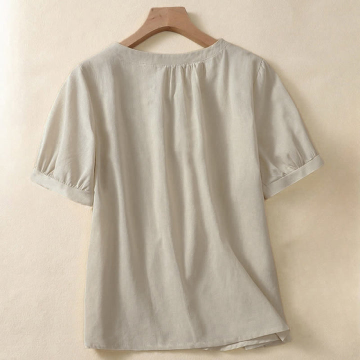 Buddha Stones Casual Women's Plain Crew Neck Button Design Half Sleeve Linen Shirt - image 1