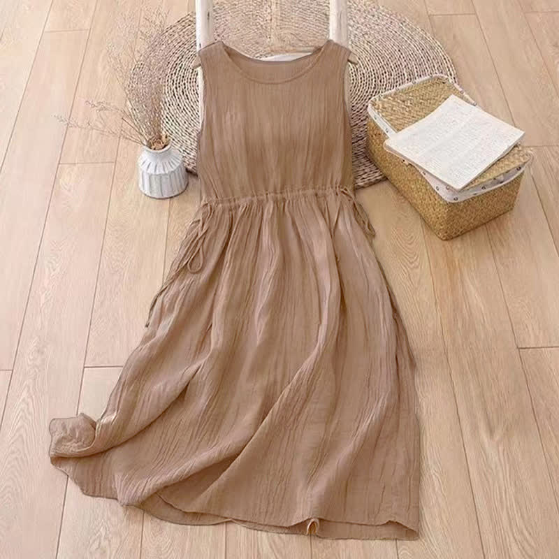 Buddha Stones Casual Plain Handmade Drawstring Waist Midi Dress Sleeveless Dress With Pockets - image 1