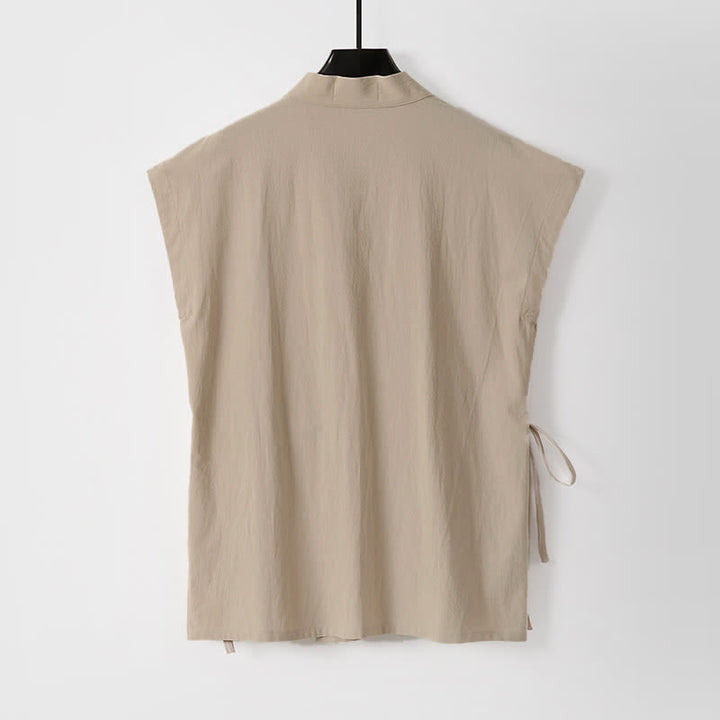 Buddha Stones 2Pcs Summer Meditation Tang Style Drawstring Solid Cotton Linen Short Sleeve Shirt Shorts Men's Meditation Cloth With Pockets - image 11