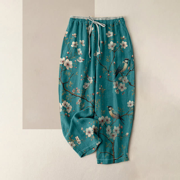 Buddha Stones Pure Cotton Elegant Cherry Blossom Bird Pattern Women's Elastic Waist Pants With Pockets - MediumTurquoise - US16，UK/AU20，EU48 (3XL) - image 0
