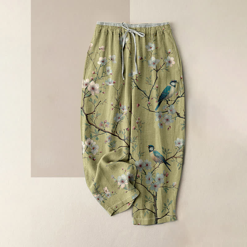 Buddha Stones Pure Cotton Elegant Cherry Blossom Bird Pattern Women's Elastic Waist Pants With Pockets - GreenYellow - US16，UK/AU20，EU48 (3XL) - image 3