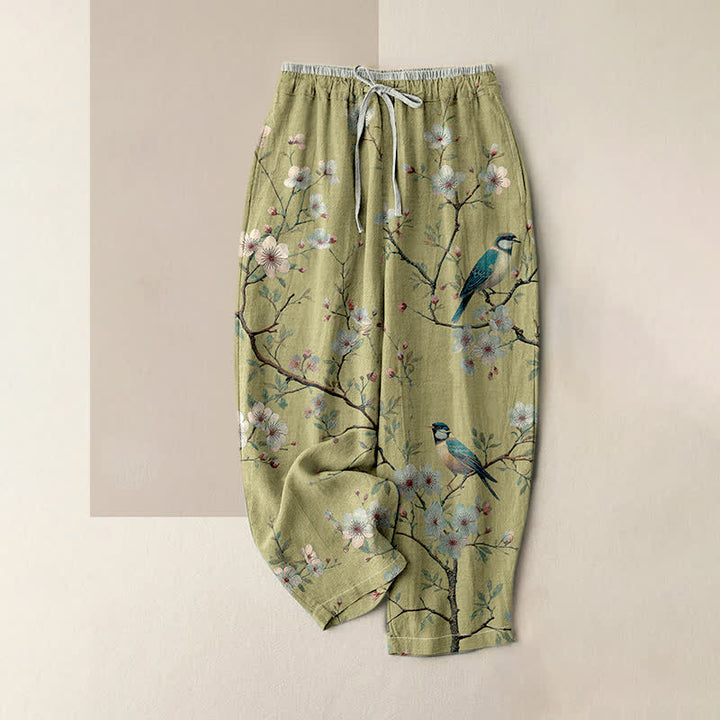 Buddha Stones Pure Cotton Elegant Cherry Blossom Bird Pattern Women's Elastic Waist Pants With Pockets - GreenYellow - US16，UK/AU20，EU48 (3XL) - image 3