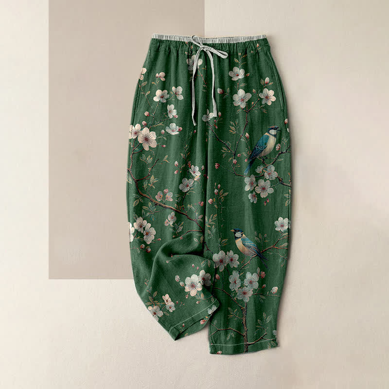 Buddha Stones Pure Cotton Elegant Cherry Blossom Bird Pattern Women's Elastic Waist Pants With Pockets - ForestGreen - US16，UK/AU20，EU48 (3XL) - image 4