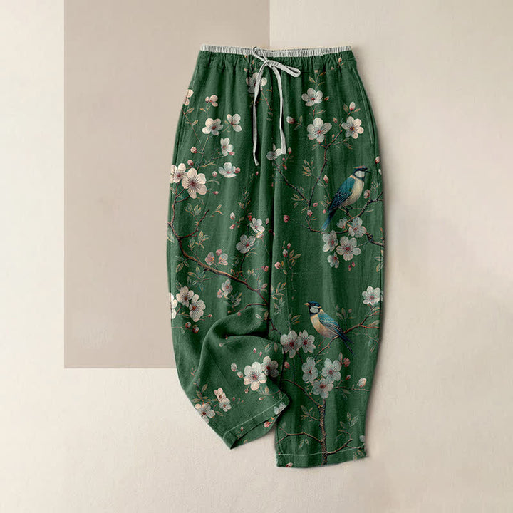 Buddha Stones Pure Cotton Elegant Cherry Blossom Bird Pattern Women's Elastic Waist Pants With Pockets - ForestGreen - US16，UK/AU20，EU48 (3XL) - image 4