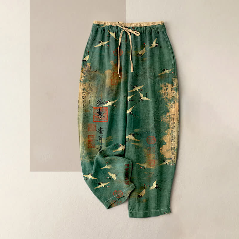 Buddha Stones Pure Cotton Vintage Crane Calligraphy Pattern Women's Elastic Waist Pants With Pockets - SeaGreen - US16，UK/AU20，EU48 (3XL) - image 0