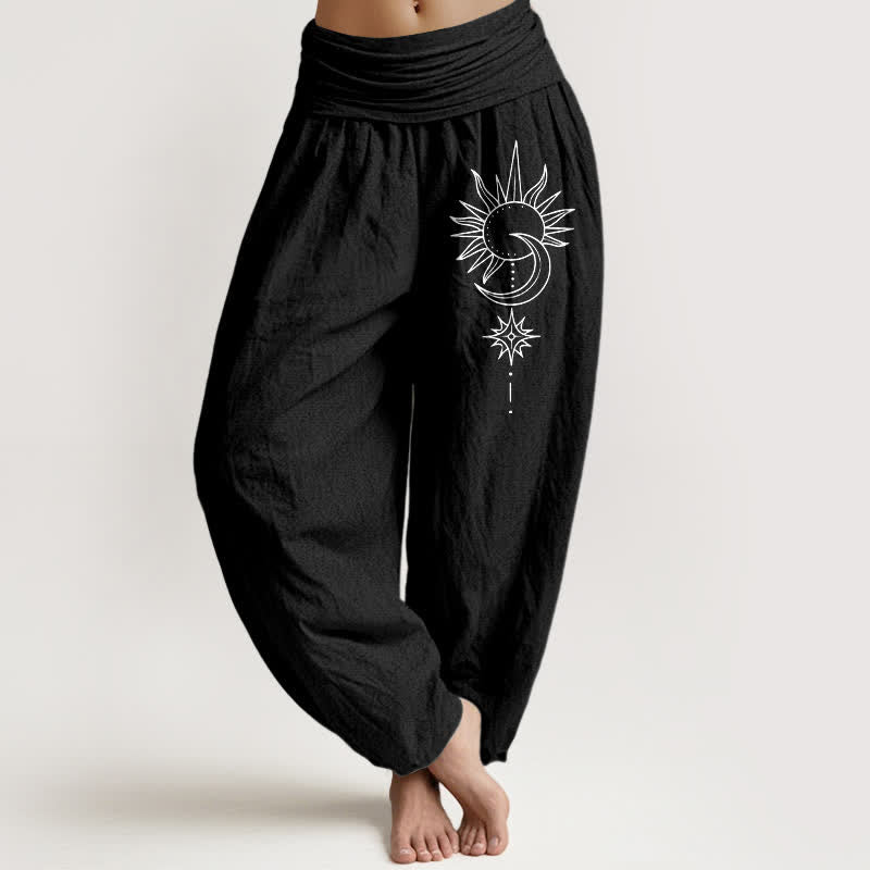 Buddha Stones Pure Cotton Sun Moon Stars Pattern Women's Elastic Waist Harem Pants - Black - US16，UK/AU20，EU48 (3XL) - image 5