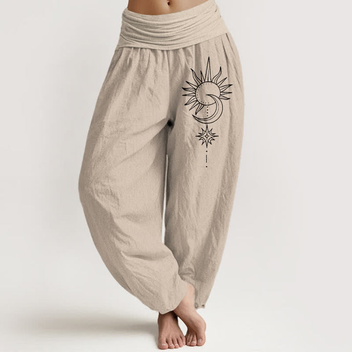 Buddha Stones Pure Cotton Sun Moon Stars Pattern Women's Elastic Waist Harem Pants - Tan - US16，UK/AU20，EU48 (3XL) - image 11