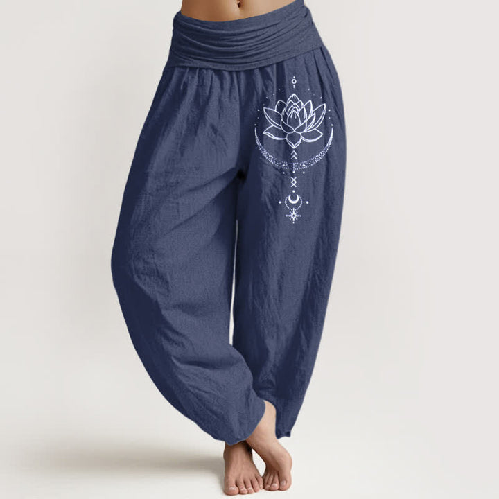 Buddha Stones Pure Cotton Lotus Crescent Moon Pattern Women's Elastic Waist Harem Pants - DarkSlateBlue - US16，UK/AU20，EU48 (3XL) - image 5