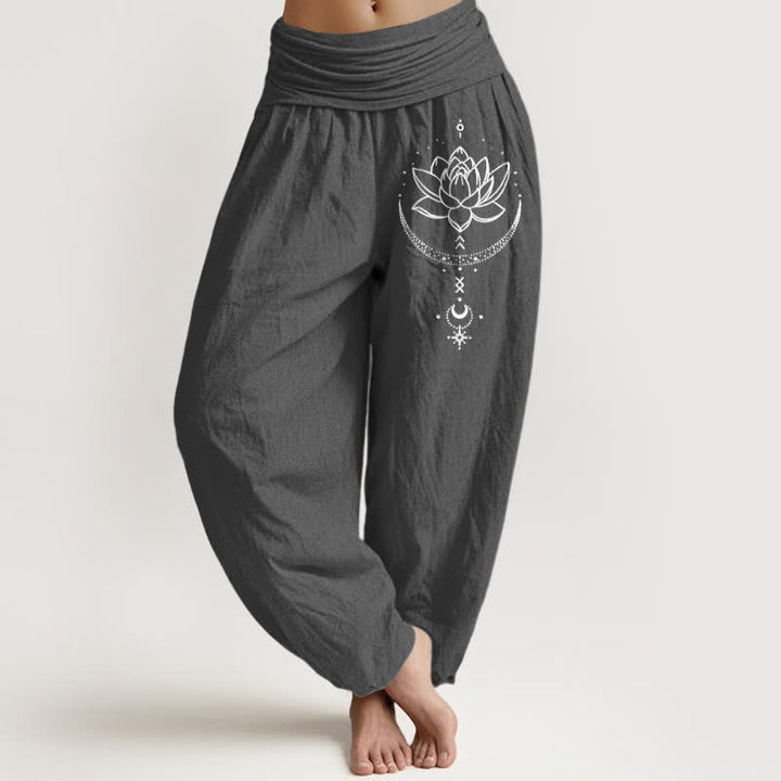Buddha Stones Pure Cotton Lotus Crescent Moon Pattern Women's Elastic Waist Harem Pants - DimGray - US16，UK/AU20，EU48 (3XL) - image 8