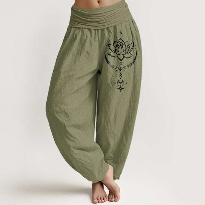 Buddha Stones Pure Cotton Lotus Crescent Moon Pattern Women's Elastic Waist Harem Pants - OliveDrab - US16，UK/AU20，EU48 (3XL) - image 14