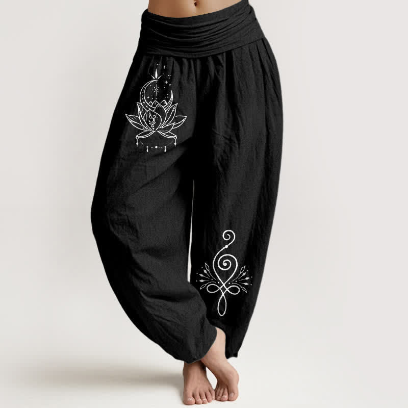 Buddha Stones Pure Cotton Lotus Moon Pattern Women's Elastic Waist Harem Pants - Black - US16，UK/AU20，EU48 (3XL) - image 5
