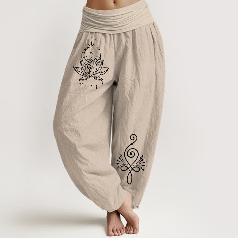Buddha Stones Pure Cotton Lotus Moon Pattern Women's Elastic Waist Harem Pants - Tan - US16，UK/AU20，EU48 (3XL) - image 11