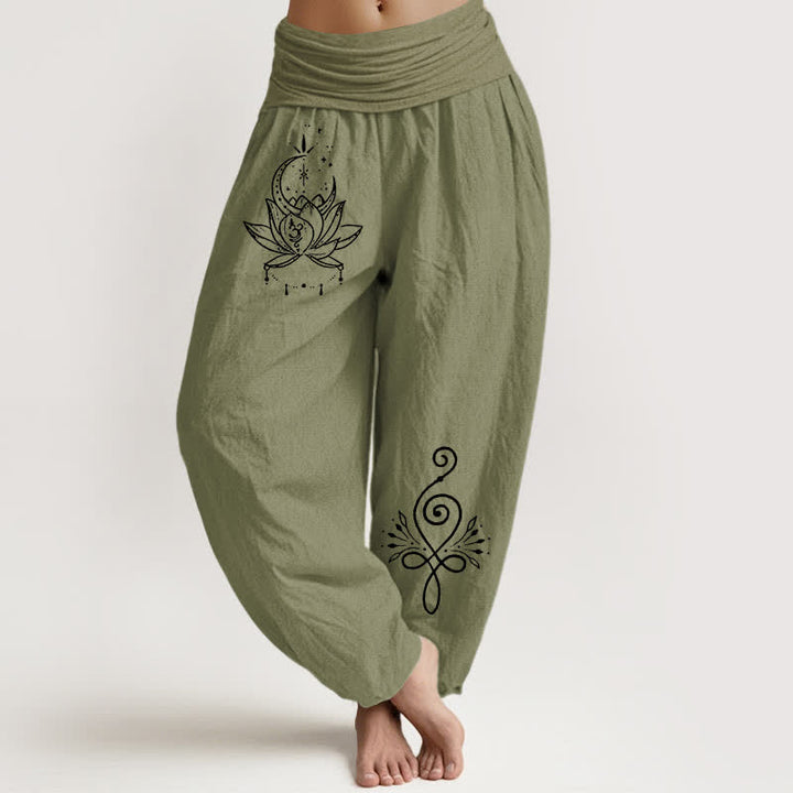 Buddha Stones Pure Cotton Lotus Moon Pattern Women's Elastic Waist Harem Pants - OliveDrab - US16，UK/AU20，EU48 (3XL) - image 14