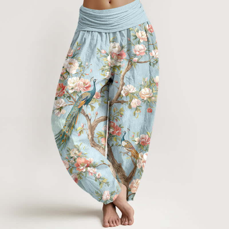 Buddha Stones Cotton Peacock Blossom Pattern Women's Elastic Waist Harem Pants - PowderBlue - US16，UK/AU20，EU48 (3XL) - image 0