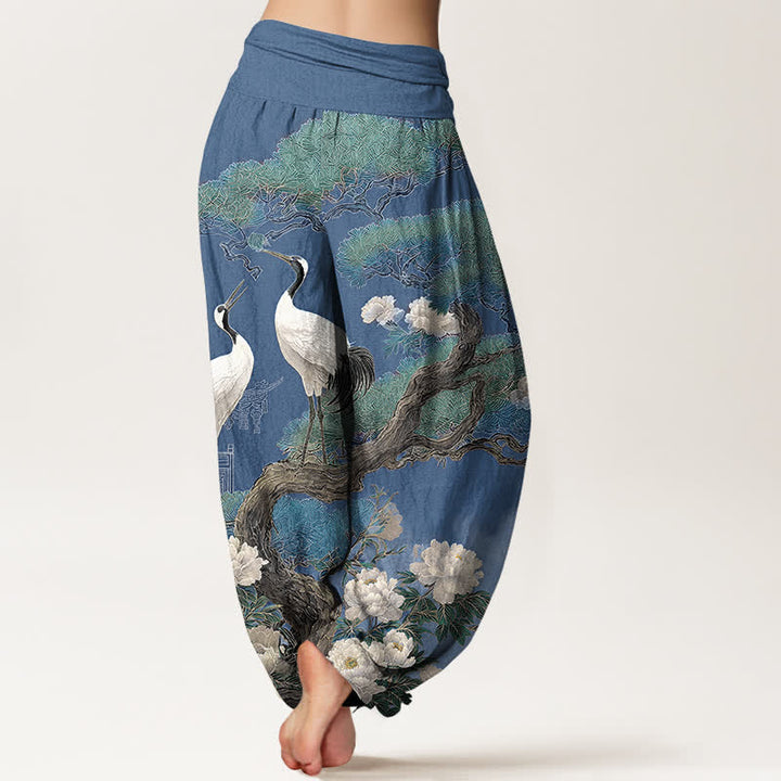 Buddha Stones Cotton Crane Blossom Pattern Women's Elastic Waist Harem Pants - image 2