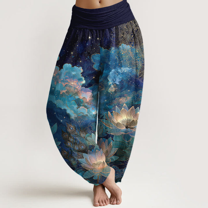 Buddha Stones Cotton Lotus Night Sky Pattern Women's Elastic Waist Harem Pants - Navy - US16，UK/AU20，EU48 (3XL) - image 0