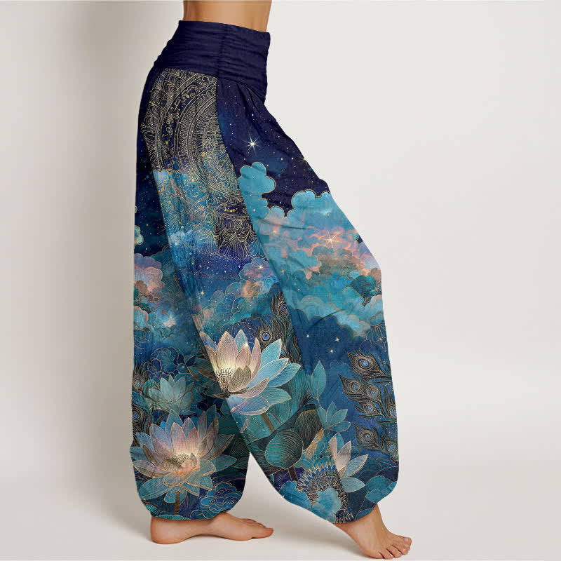 Buddha Stones Cotton Lotus Night Sky Pattern Women's Elastic Waist Harem Pants - image 1