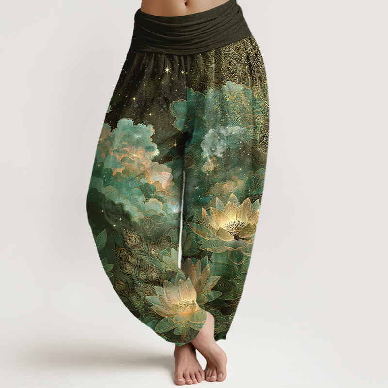 Buddha Stones Cotton Lotus Night Sky Pattern Women's Elastic Waist Harem Pants - DarkOliveGreen - US16，UK/AU20，EU48 (3XL) - image 5